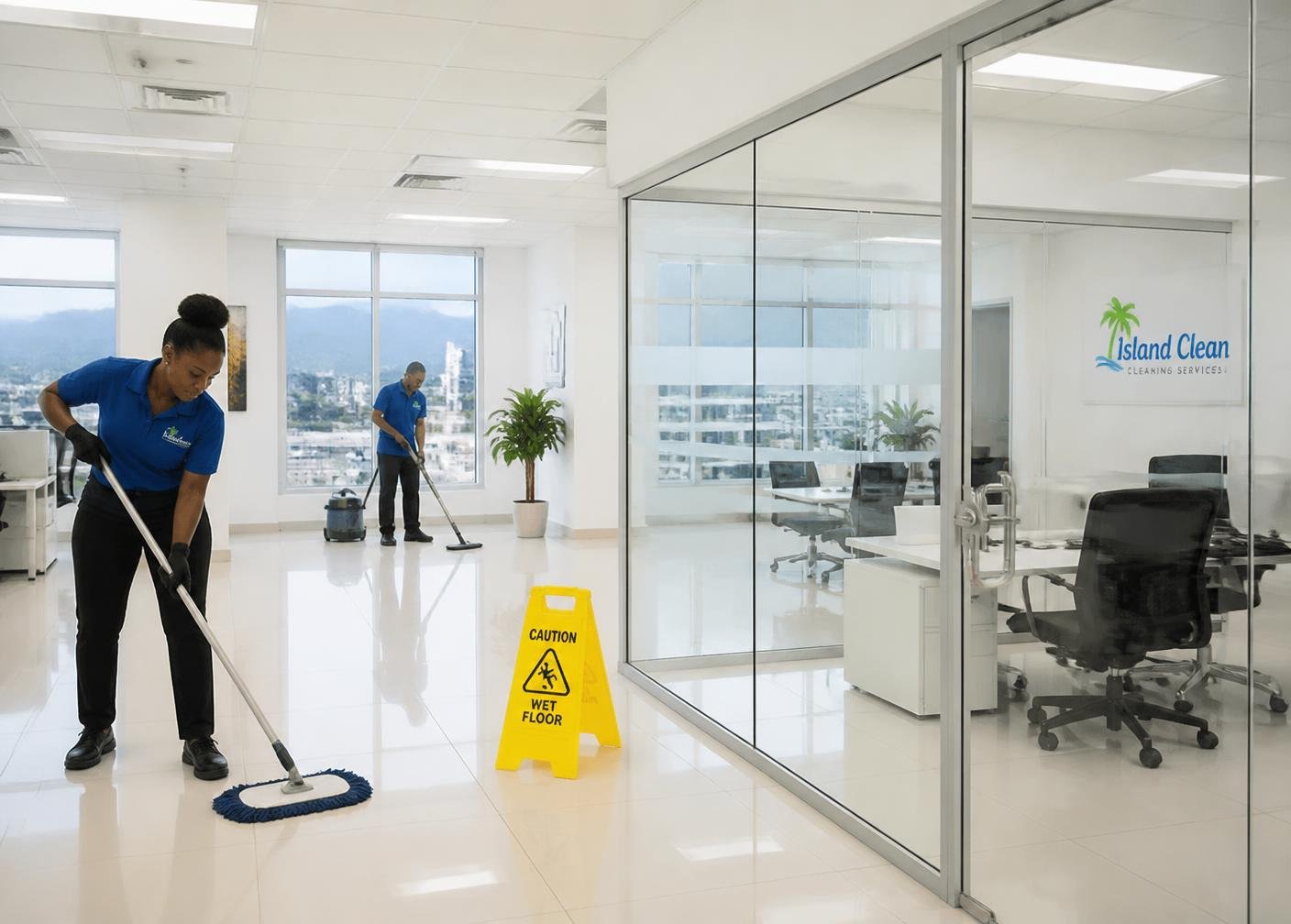 Commercial cleaning crew servicing a modern office in Jamaica